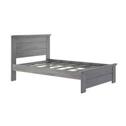 Gray wooden bed frame with headboard in rustic finish.