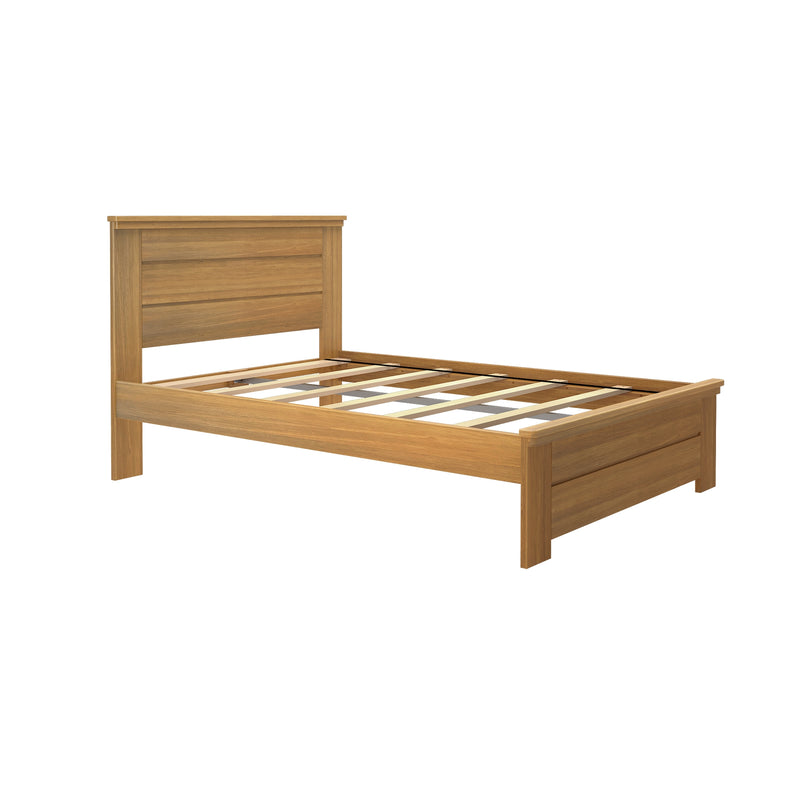 Light oak finish wooden platform bed frame with slatted base and panel headboard isolated on white background