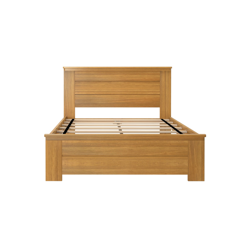 Natural oak wooden bed frame with paneled headboard and slatted base, modern farmhouse style