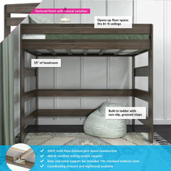 Loft bed with built-in ladder, natural wood finish, 55-inch headroom, and non-slip grooved steps, suitable for rooms with 8+ foot ceilings.