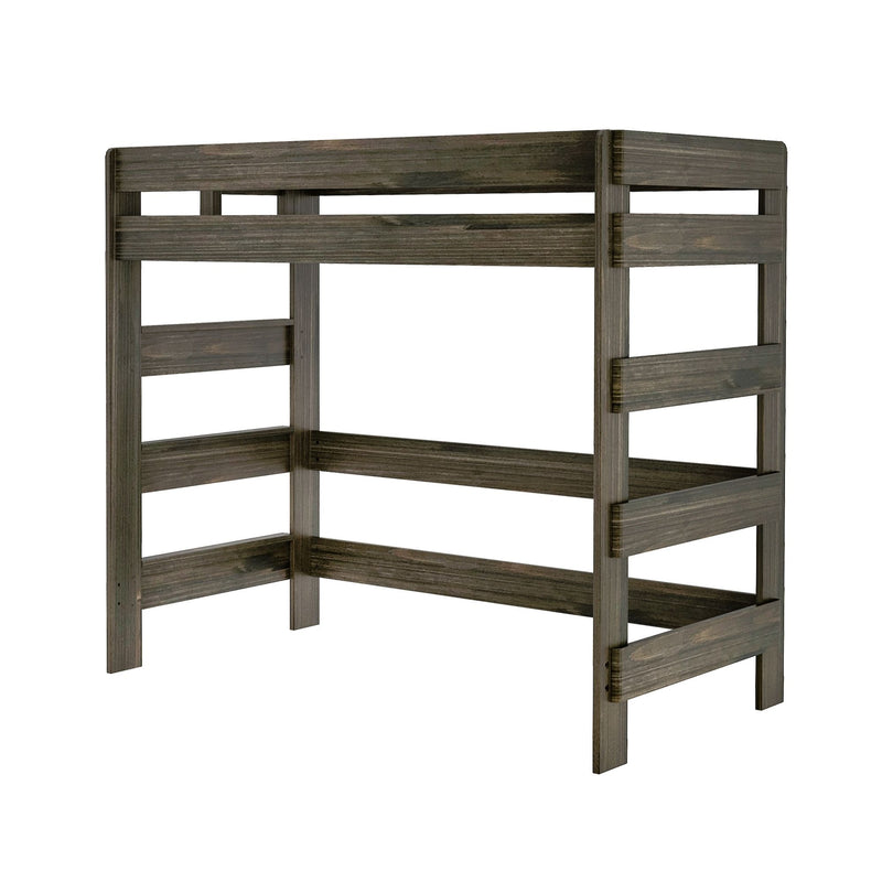 Close-up of a modern rustic gray wooden bunk bed frame with top guardrail, slatted side rails and ladder, corner view