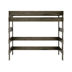 Dark wooden bunk bed frame with sturdy construction and modern design.