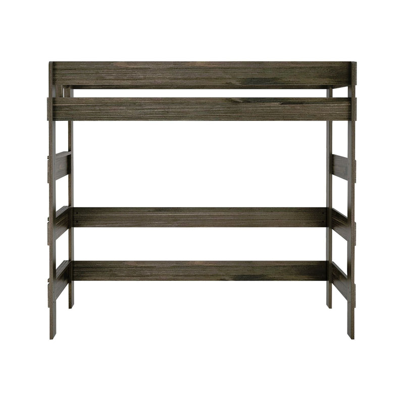 Weathered gray-brown wood twin-over-twin bunk bed frame with ladder and horizontal slat guardrails, modern rustic finish, isolated on white background