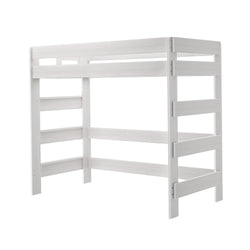 White wooden loft bed frame with ladder for children's bedroom furniture.