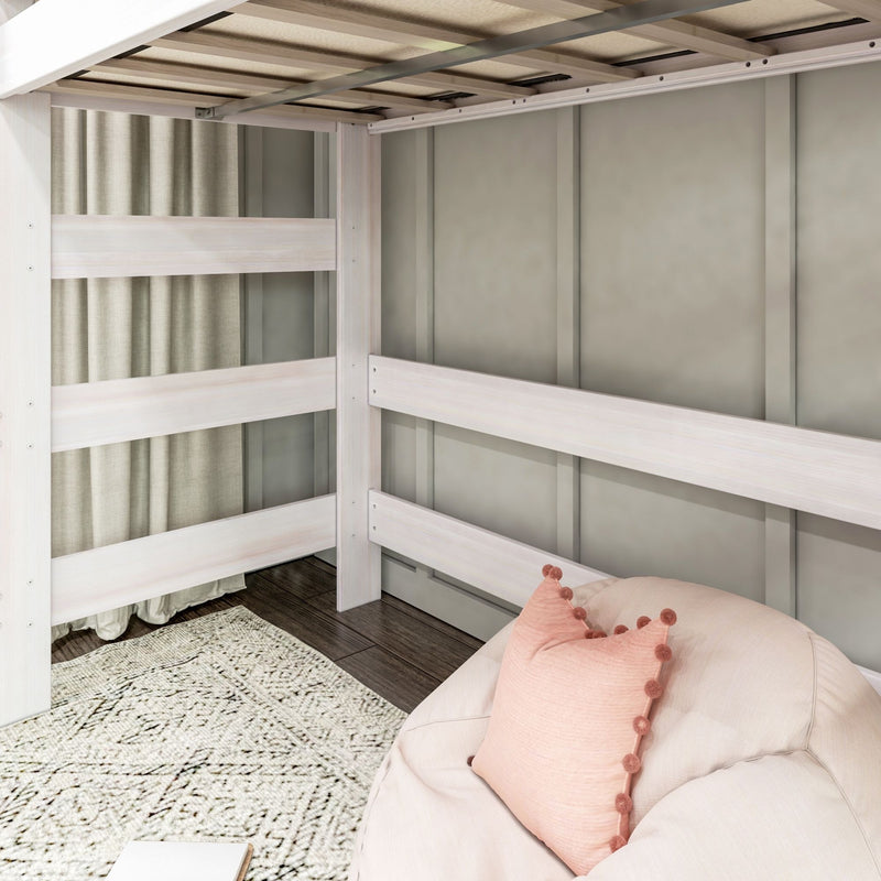 Whitewashed wooden bunk bed frame in a modern neutral kids' bedroom with textured rug, beige curtains and a blush pink pom-pom pillow
