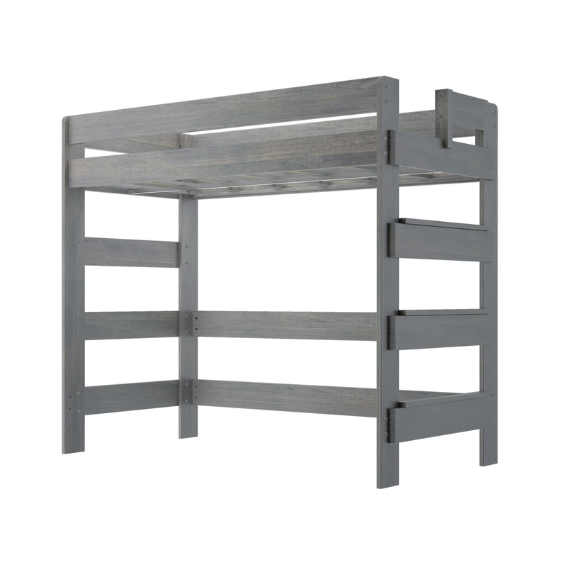Gray wooden loft bunk bed frame with top safety rails and integrated ladder, space-saving twin bunk for kids bedroom