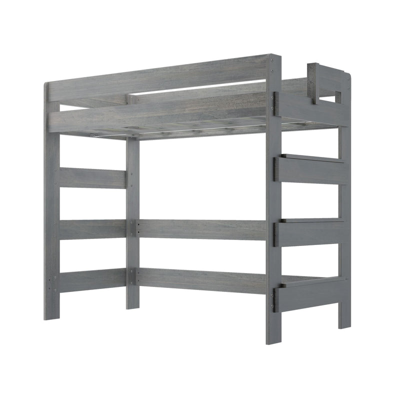 Distressed gray wooden twin loft bed frame with top guardrail, slatted mattress supports, and ladder-style side panels