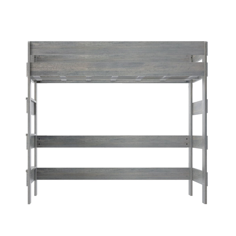 Gray rustic wood bunk bed frame with ladder and safety rails, modern twin-over-twin loft bed for kids