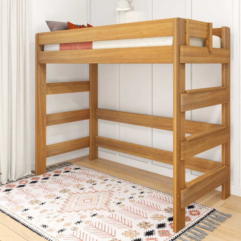 Solid wood loft bunk bed with safety rails and ladder in modern kids' bedroom featuring patterned boho rug and white curtains