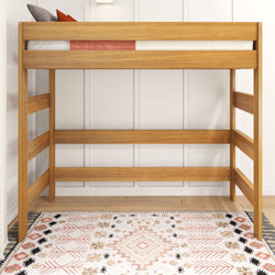 Modern wooden loft bed with white and orange bedding over geometric patterned rug in minimalist room design.