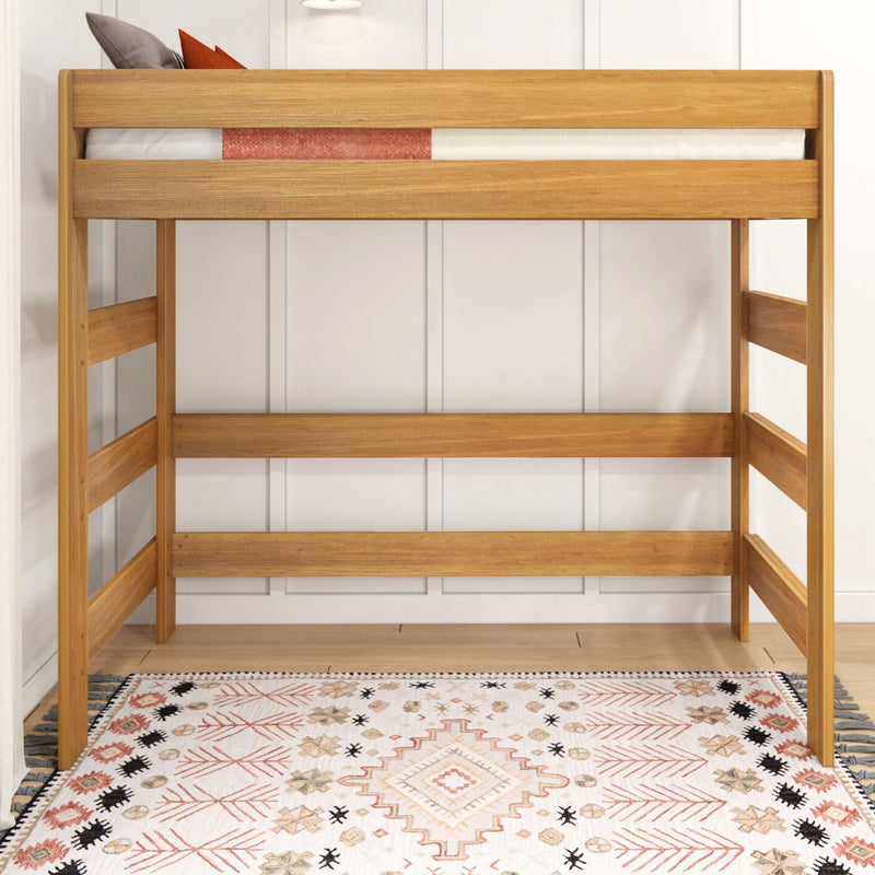 Solid wood twin loft bed frame in natural oak finish with guardrails, white mattress and accent pillows above a bohemian patterned rug in a minimalist kids' bedroom
