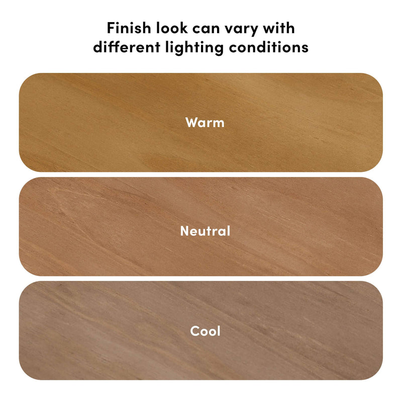 Wood finish samples labeled Warm, Neutral, Cool with header "Finish look can vary with different lighting conditions," illustrating how lighting changes wood finish color and tone