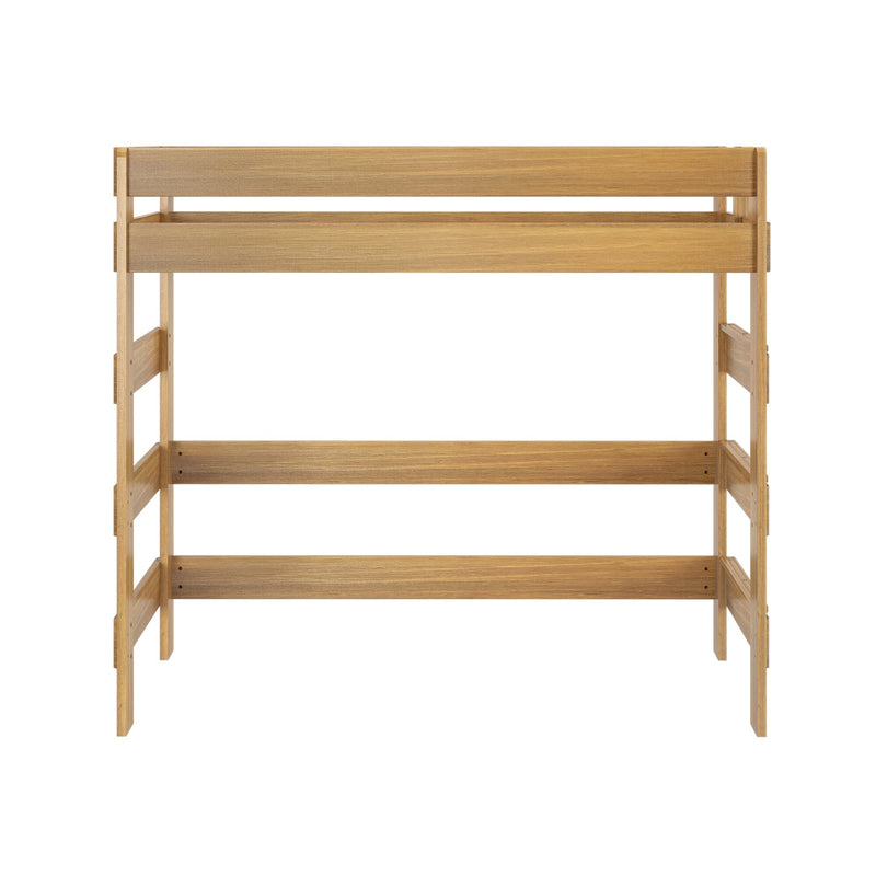 Natural wood twin bunk bed frame with safety rails and slatted mattress support, minimalist loft-style wooden bunk on white background