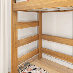 Wooden bunk bed frame with natural finish in a cozy bedroom setting, featuring a colorful geometric rug on hardwood flooring.