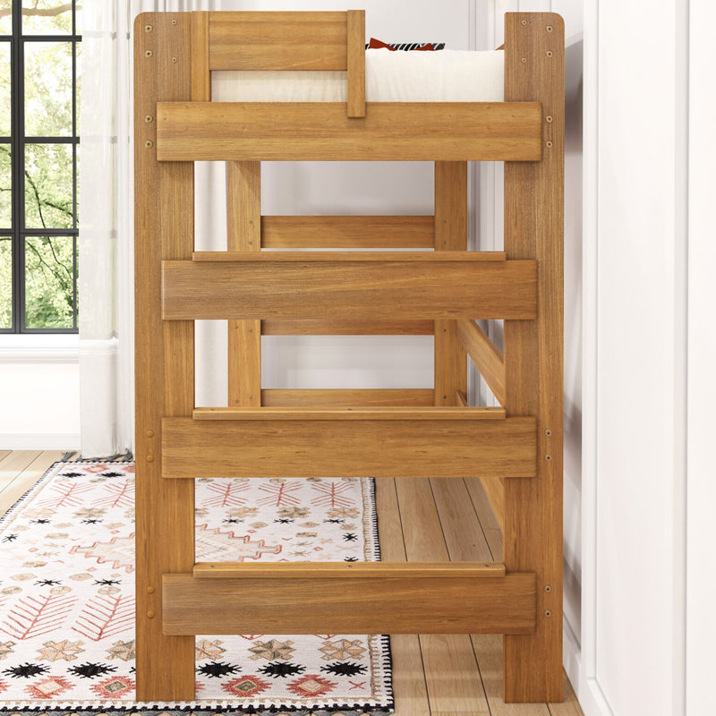 Solid natural wood bunk bed side with slatted guardrail and ladder, white mattress, patterned rug and window