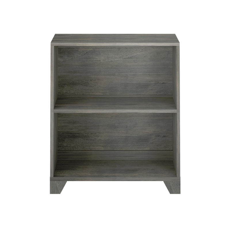 Two-shelf wooden bookcase in gray finish.