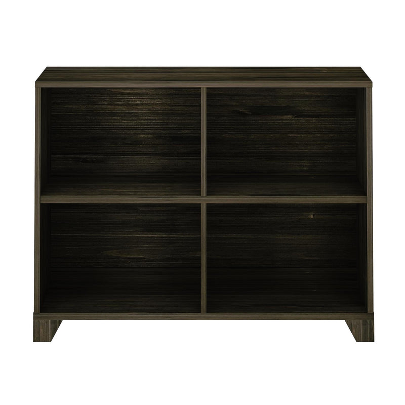 Dark wood four-cube bookshelf with open shelves for home storage or organization.