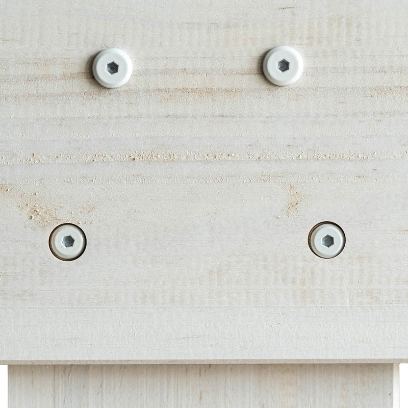 White plastic hex-socket screw caps on a light plywood panel, close-up showing wood grain and recessed carpentry hardware