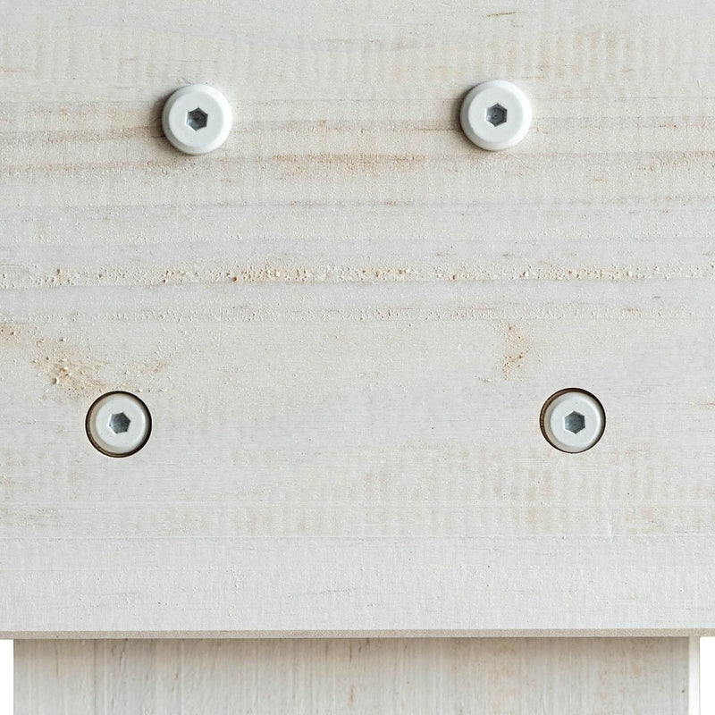 White plastic hex-socket screw caps on a light plywood panel, close-up showing wood grain and recessed carpentry hardware