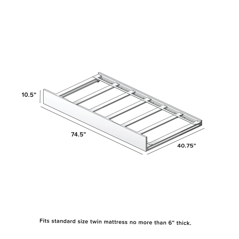 Assembly diagram of a twin bed frame trundle with slatted platform and drawer base, dimensions 74.5" x 40.75" x 10.5", fits standard twin mattress up to 6" thick.