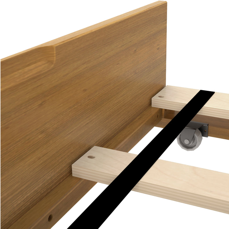 Close-up of wooden bed frame headboard and slats with metal center support rail and caster wheel, platform bed assembly detail
