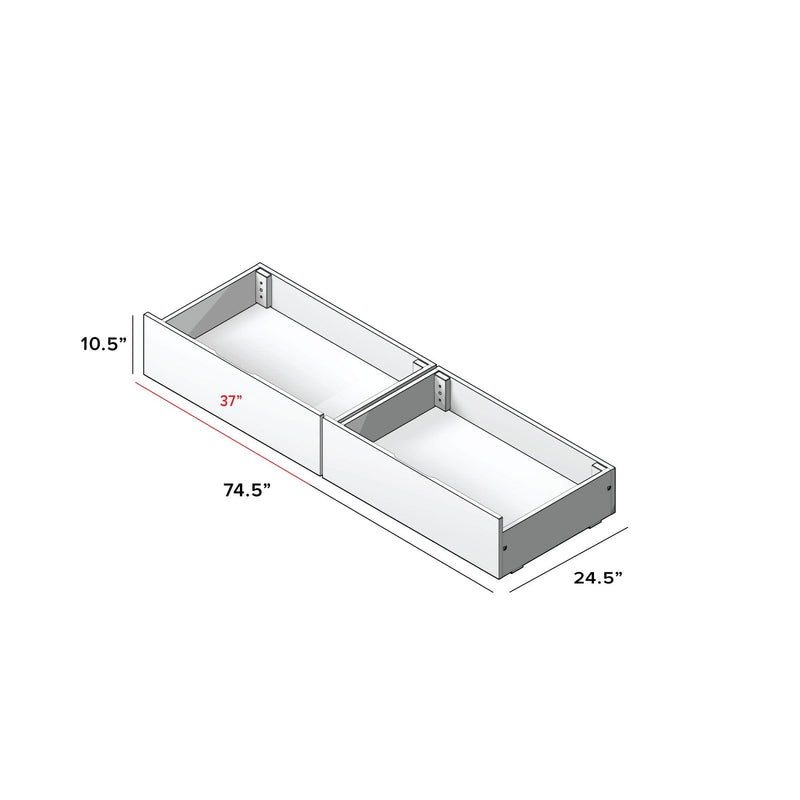 Under-bed storage drawers: white wooden two-drawer pull-out unit on casters, assembly diagram with dimensions 74.5 in L × 24.5 in W × 10.5 in H and 37 in drawer length.