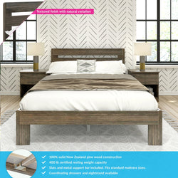 Solid New Zealand pine wood bed with textured finish, featuring coordinating nightstands.