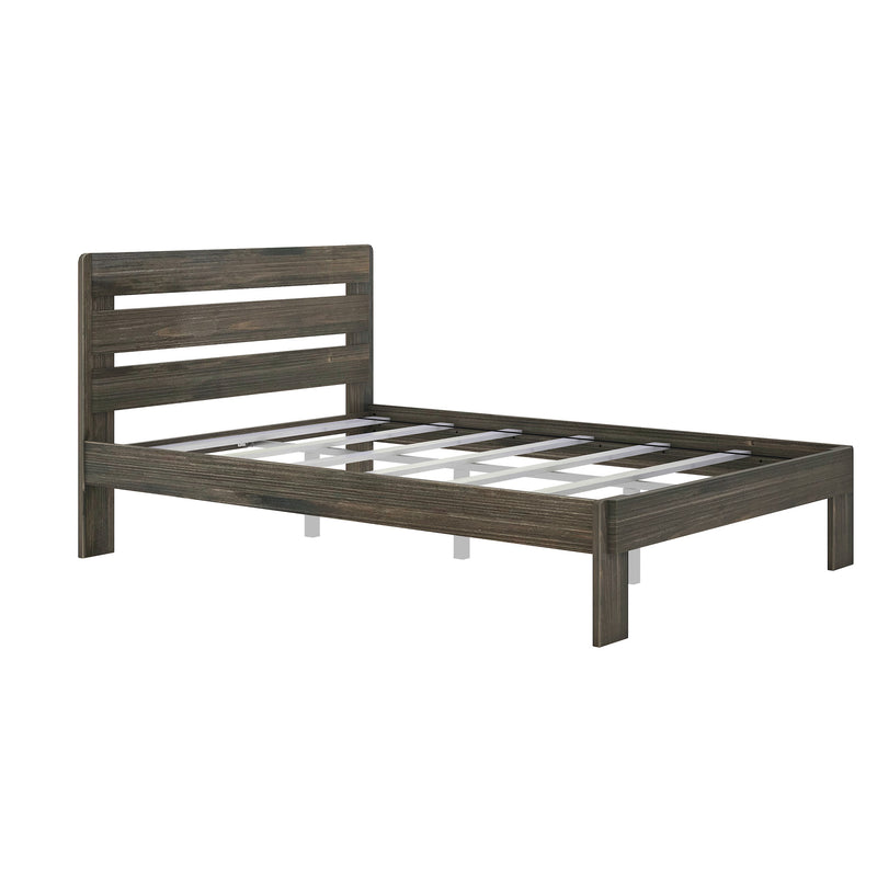 Rustic weathered gray wooden platform bed frame with horizontal slatted headboard and metal support slats