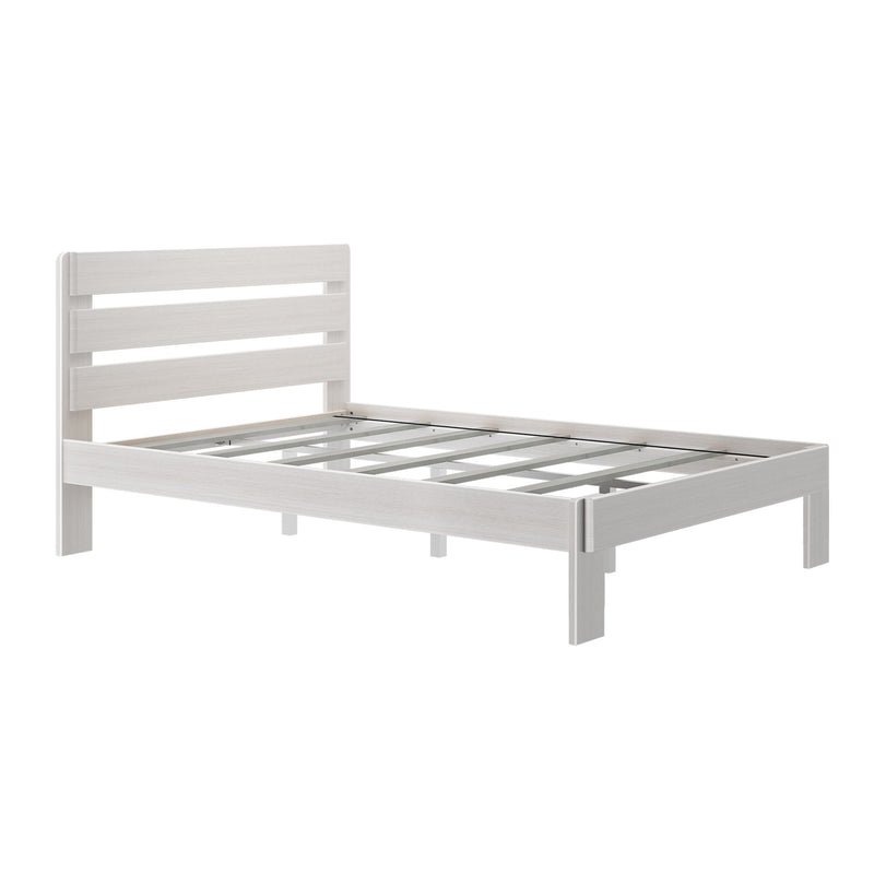 White wooden platform bed frame with slatted headboard and metal support slats