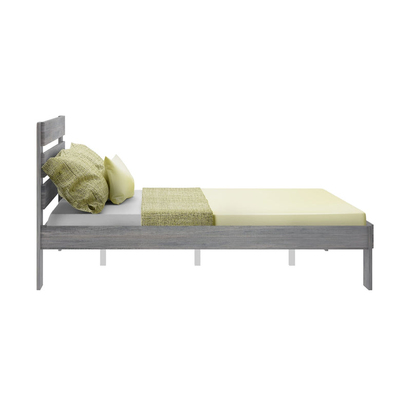 Twin-size modern gray wood platform bed with light yellow fitted sheet, green textured pillows and matching throw, side view on white background