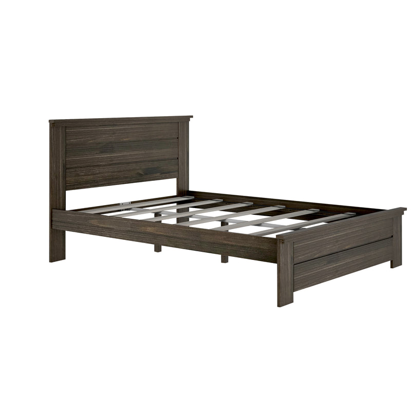 Dark weathered gray wood platform bed frame with headboard and slatted mattress support, modern farmhouse bedroom furniture