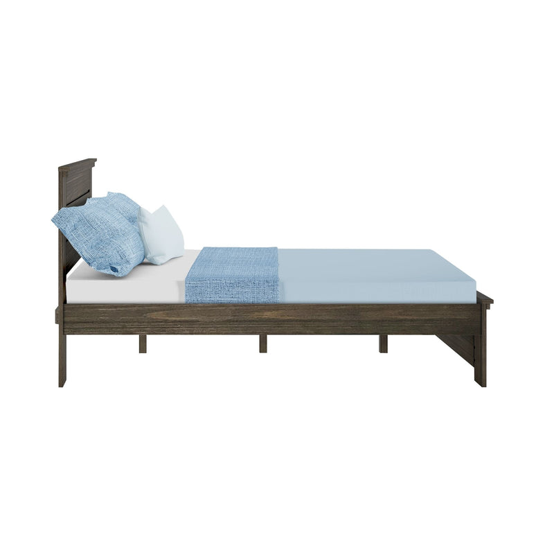 Dark brown wooden platform bed frame with headboard and light blue bedding, minimalist side view