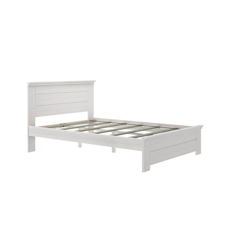 White wooden platform bed frame with slatted support and paneled headboard, modern farmhouse bedroom furniture on white background