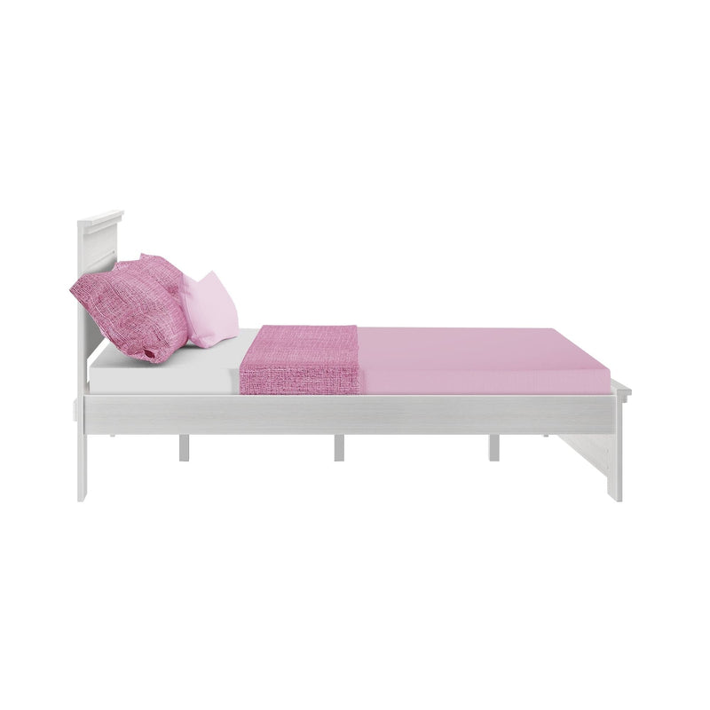 White wooden bed frame with pink bedding set, textured pink pillows and matching throw on white background