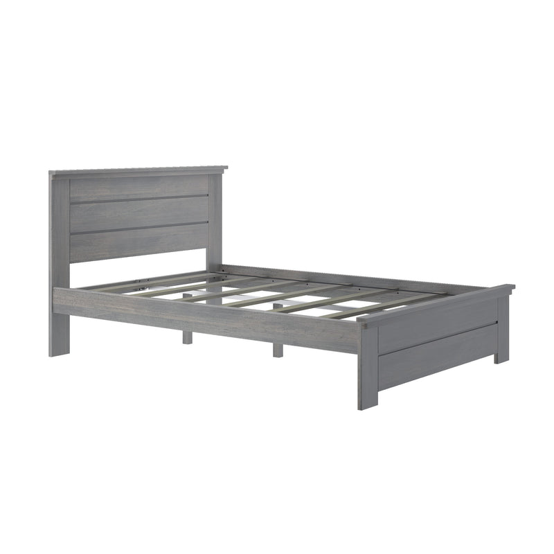 Gray wooden platform bed frame with slatted support and paneled headboard, frame only