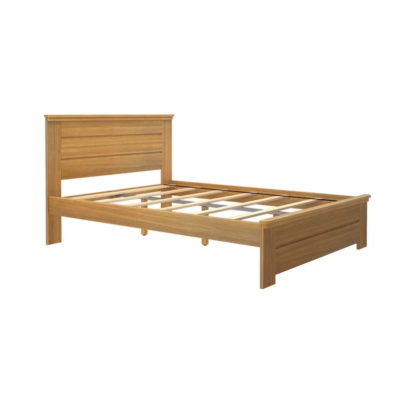 Solid oak bed frame with slatted platform and paneled headboard in natural wood finish, minimalist wooden platform bed