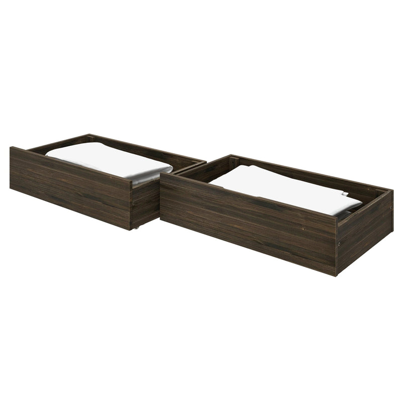Dark walnut wood trundle drawers with white mattresses — twin underbed storage on casters, modern low-profile platform design