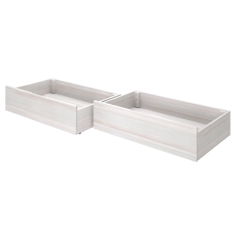 Pair of white wood under-bed storage drawers on casters for bedroom organization, extra linen and shoe storage