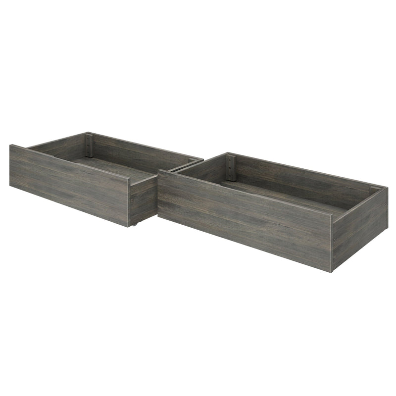 Pair of gray weathered wood under-bed storage drawers with casters, low-profile rolling wooden drawers for bedroom organization and decluttering