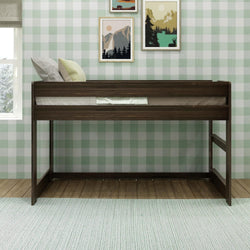 Brown wooden loft bed in a child's room with green checkered wallpaper and nature-themed wall art.