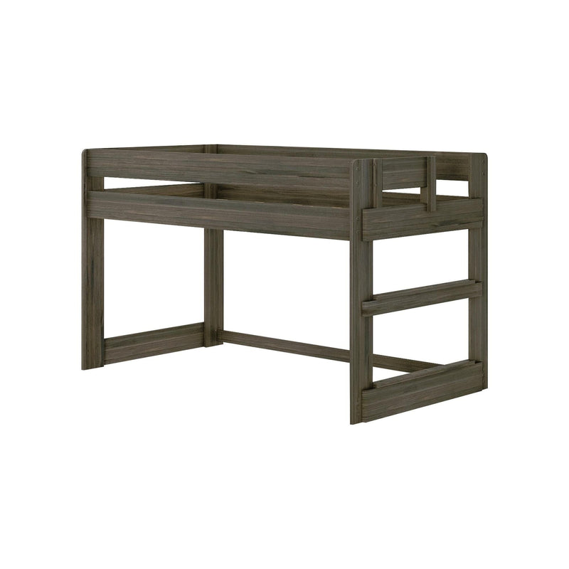 Twin-size loft bed frame in weathered gray wood with integrated ladder and safety rails, space-saving platform bed for kids' bedrooms