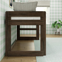 Loft bed with wooden frame in cozy bedroom featuring green checkered wallpaper, minimalist decor, and indoor plant.