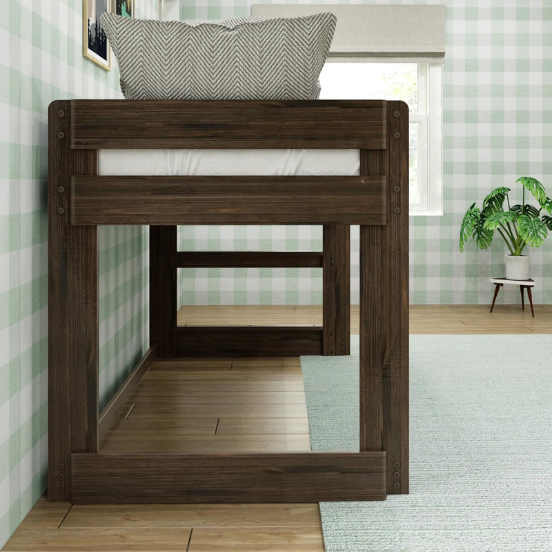 Dark walnut wood twin loft bunk bed frame in children's bedroom with green gingham wallpaper, chevron pillow, light hardwood floor, pale blue area rug and potted monstera plant