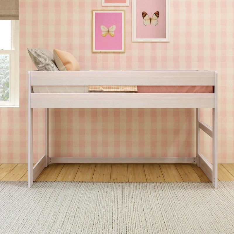 White wooden loft bed in a kids' bedroom with pink gingham wallpaper, framed butterfly art, pastel throw pillows, hardwood floor and neutral area rug