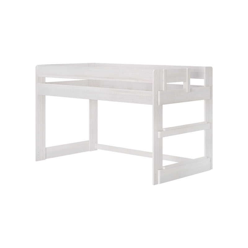 White wooden loft bed frame with integrated ladder, elevated twin-size kids' bed for space-saving modern bedroom