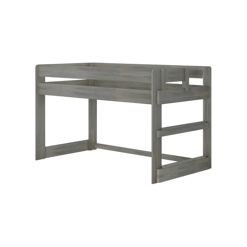 Gray wooden loft bed frame with raised guardrail and ladder-style support rails, rustic weathered finish for a modern bedroom