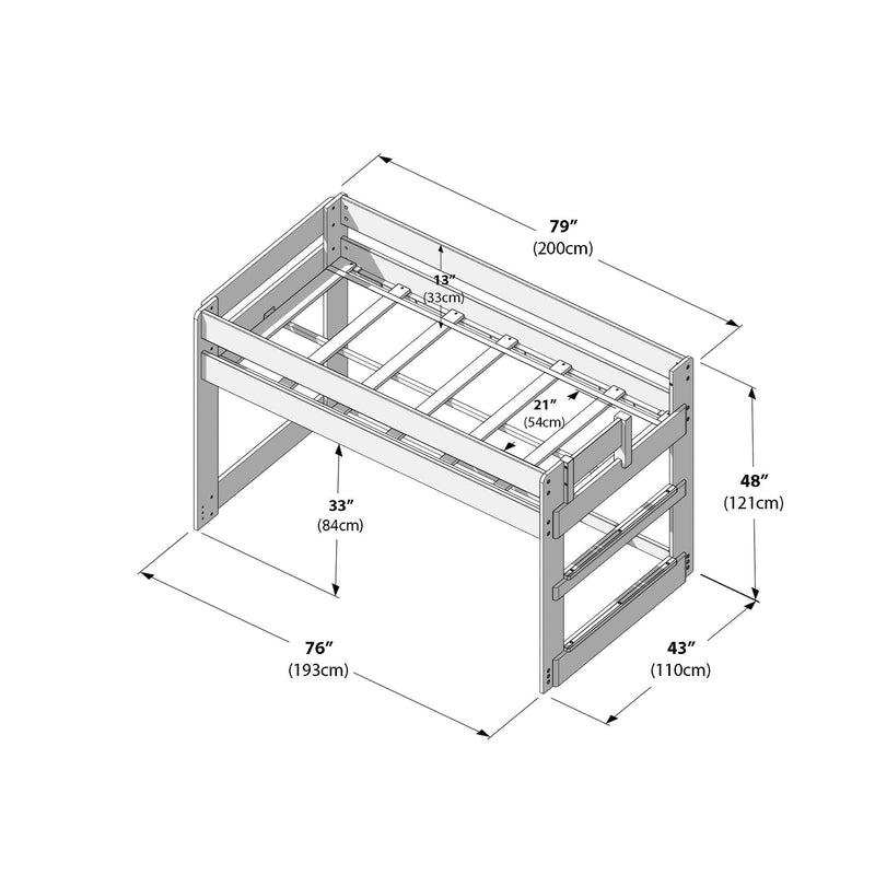 Isometric technical diagram of a wooden twin loft bed frame showing slatted mattress support, guard rails, ladder-style side rails and labeled dimensions (79in/200cm length, 76in/193cm width, 48in/121cm height) — loft bed dimensions and assembly reference