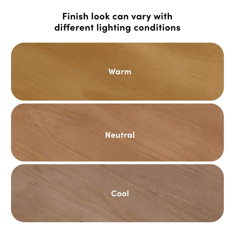 Wood finish samples showing warm, neutral, and cool lighting variations that illustrate how color and grain appearance change