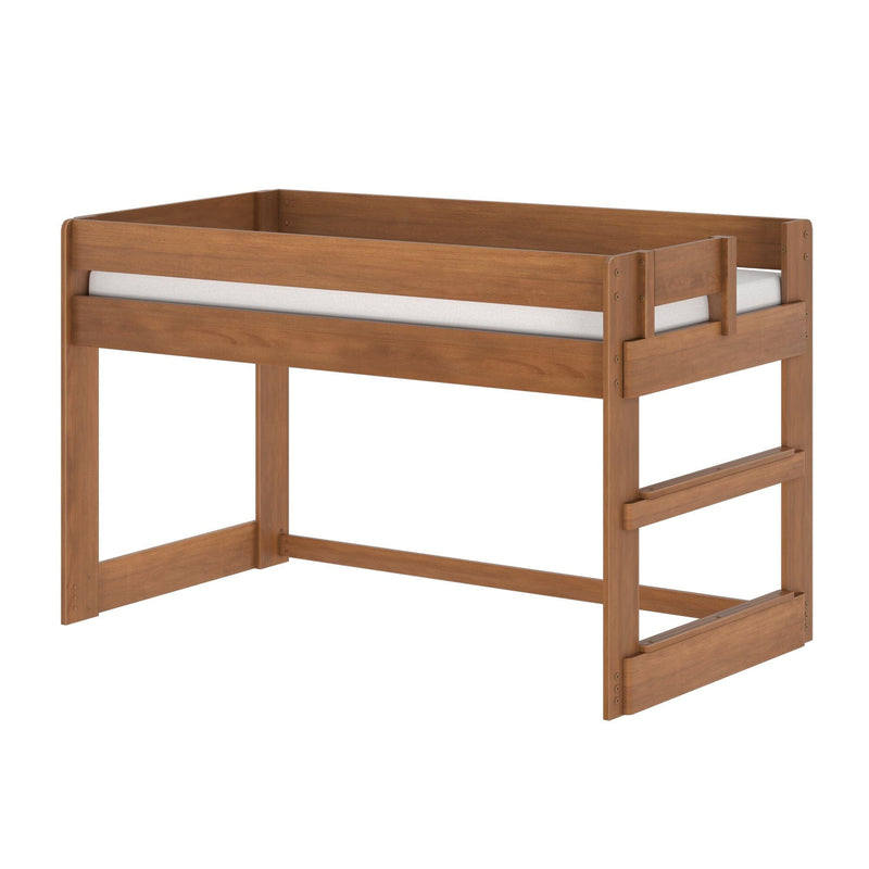 Walnut solid wood twin loft bed frame top with mattress, raised safety rails and ladder supports — sturdy modern bunk bed design