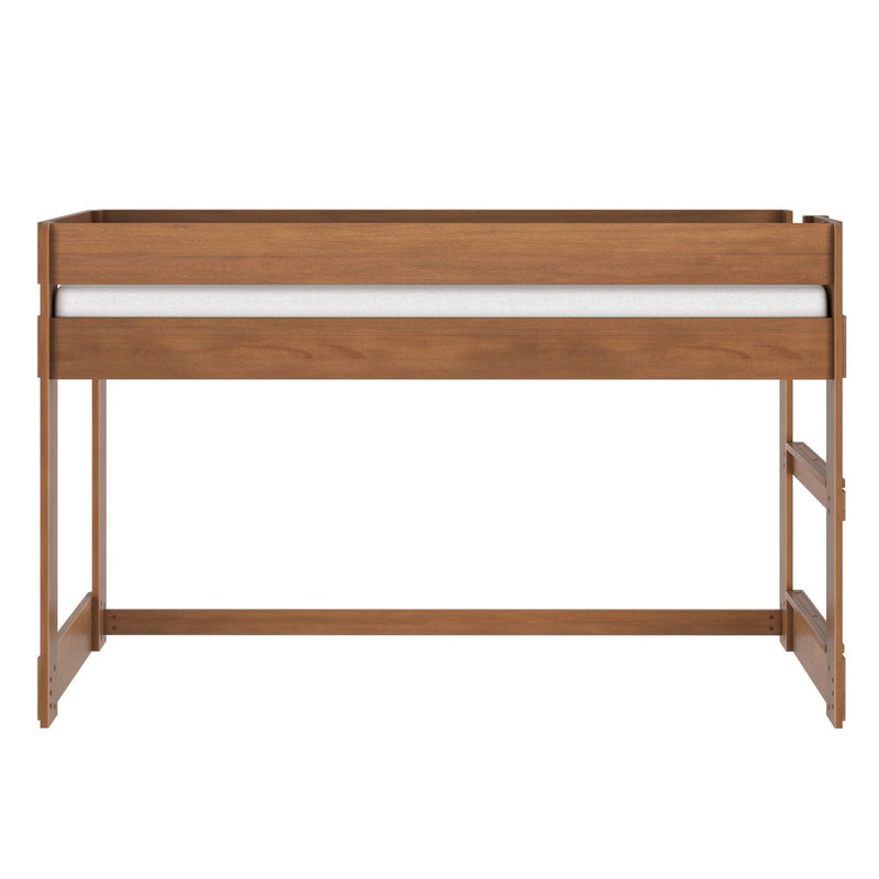 Walnut-tone solid wood loft bed frame with raised guardrail and white mattress, minimalist modern wooden bed